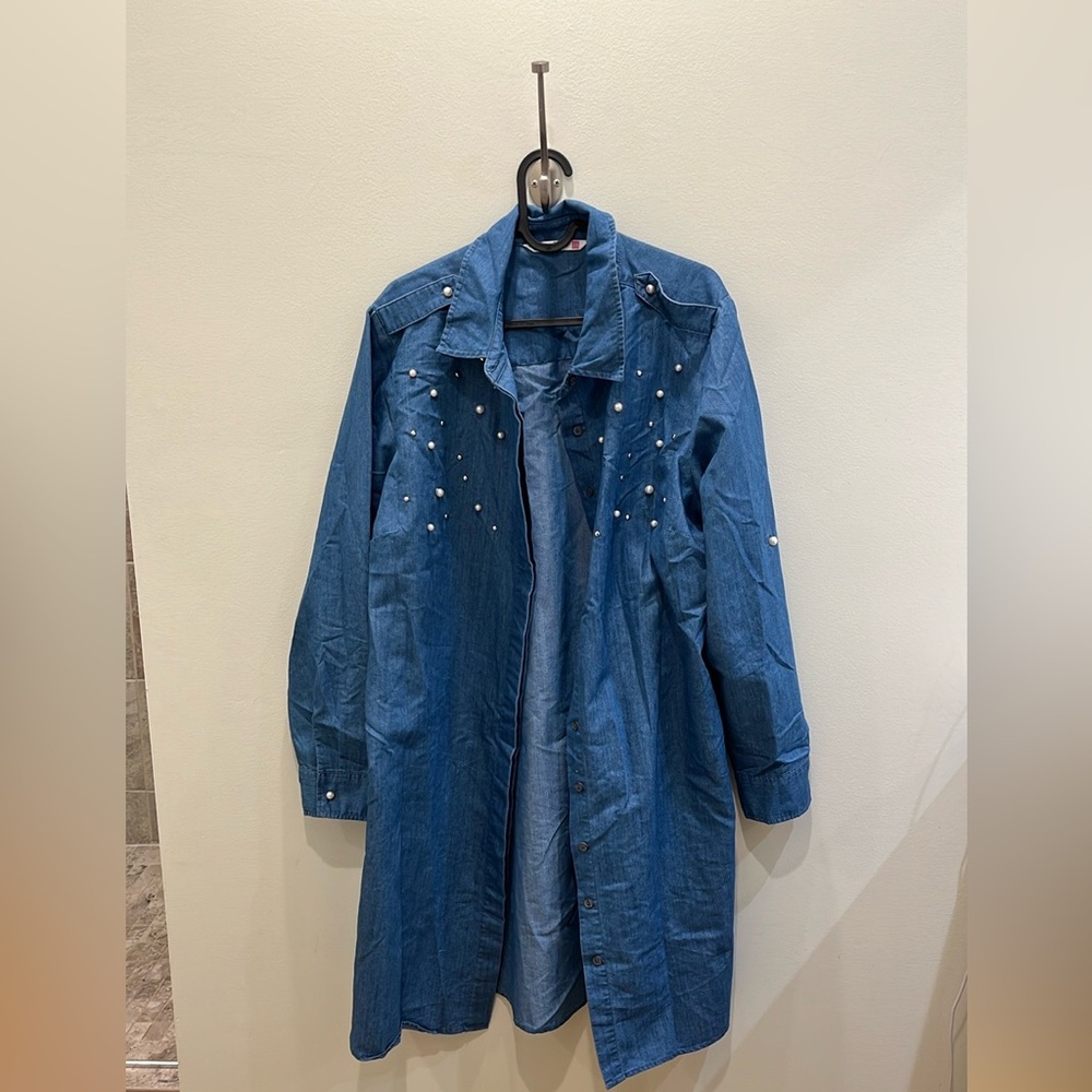 Blue Denim Long Jacket with Studs